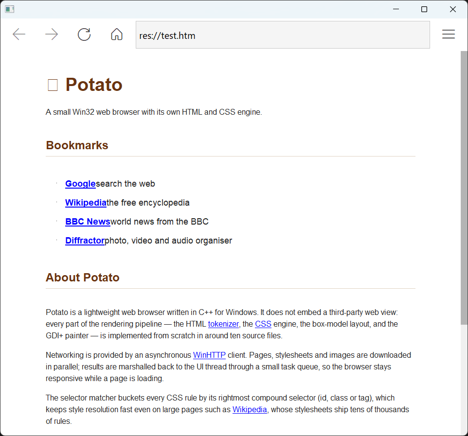 The potato browser rendering a web page